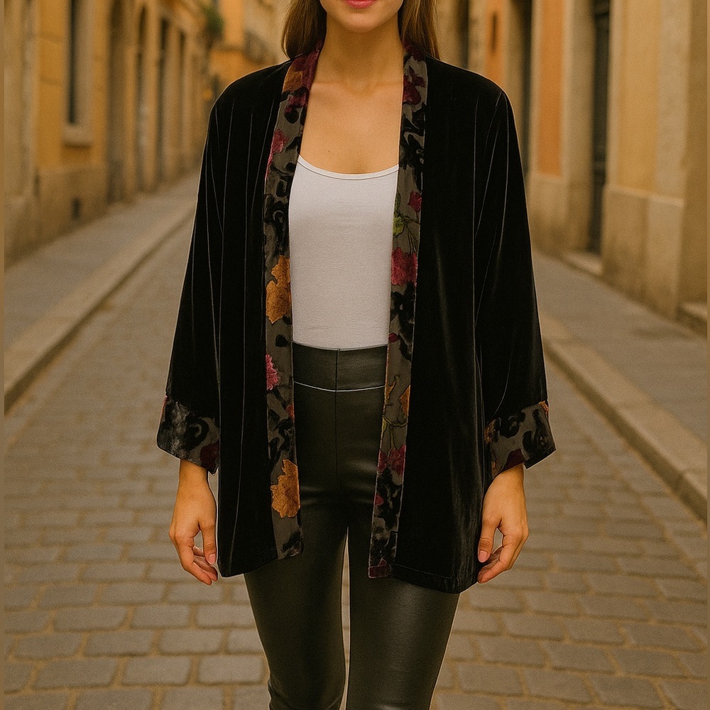 Shani Black Velvet Duster with Floral Trim